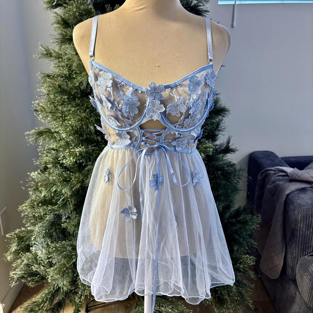 NEW Blue Tulle Satin Embroidery Underwire Bustier Bra Corset